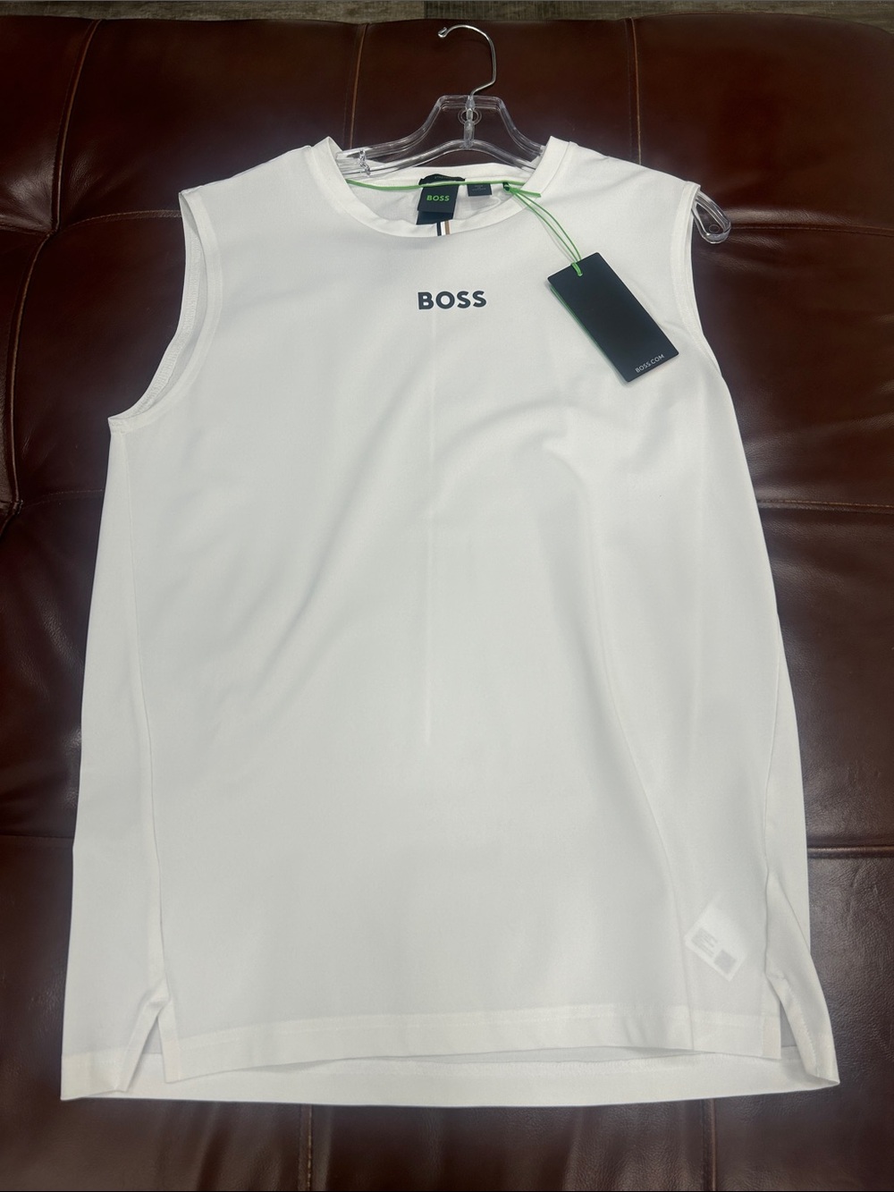 Boss TOC White Stretch Logo Sleeveless Tee with Subtle Black Print NWT